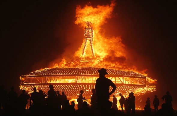 The Man burns during the Burning Man 2013 arts and music festival in the Black Rock Desert of Nevada, on August 31, 2013. The federal government issued a permit for 68,000 people from all over the world to gather at the sold out festival, which is celebrating its 27th year, to spend a week in the remote desert cut off from much of the outside world to experience art, music and the unique community that develops. (Reuters/Jim Urquhart via The Atlantic)