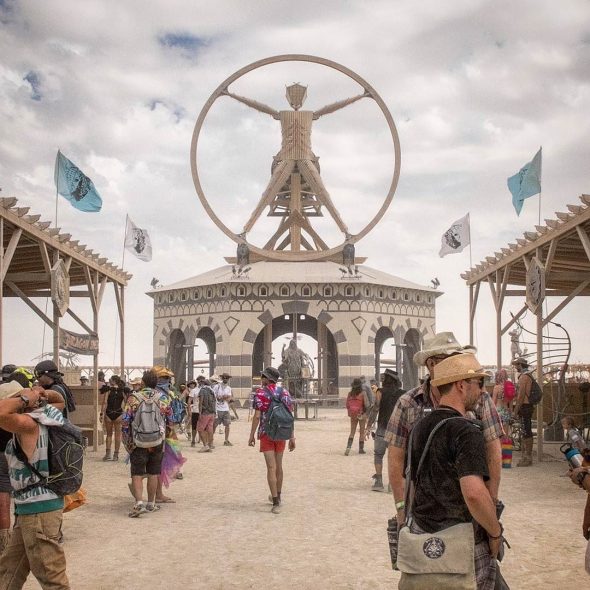 The Burning Man 2016 theme was da Vinci's Workshop and so the Man was modeled after da Vinci's Vitruvian Man